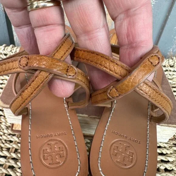 Tory Burch Leticia Ankle Strap Logo Thong Sandal Tan Sz 7.5 - Picture 13 of 15